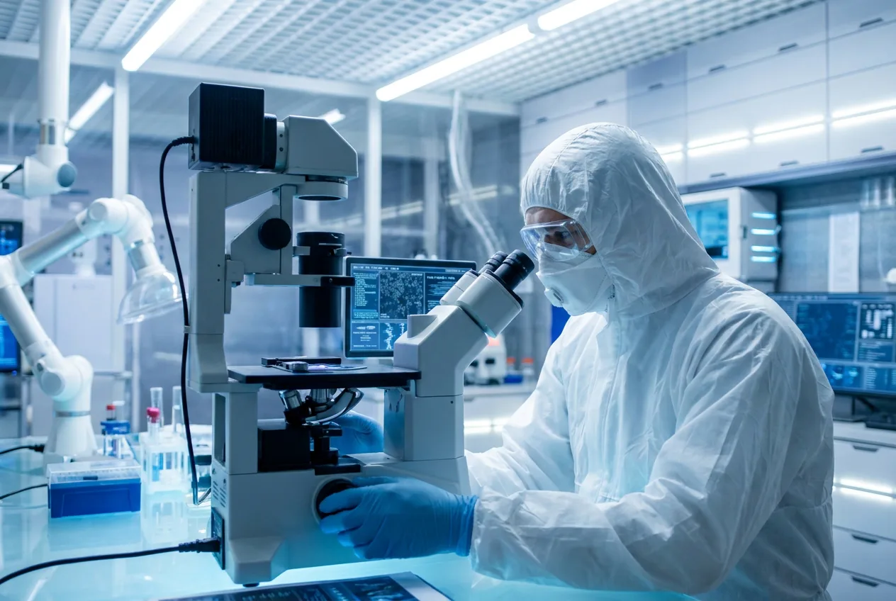 Laboratory scientist using a microscope for detailed sample analysis