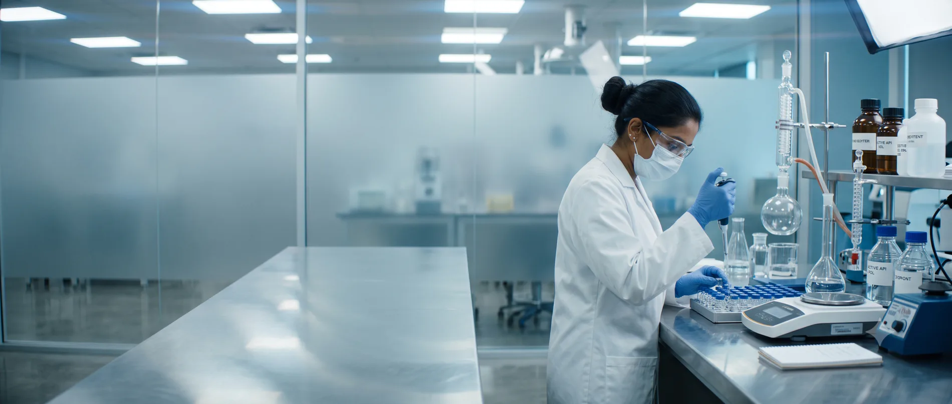 Scientist performing formulation work at a laboratory bench
