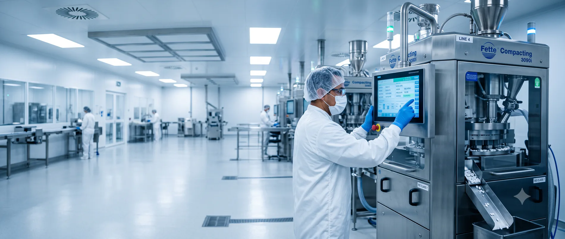 Technician monitoring solid-dosage manufacturing equipment
